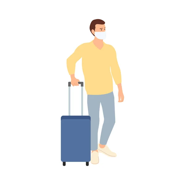 Happy Young Man Wearing Medical Mask Suitcase Flat Vector Illustration — Image vectorielle