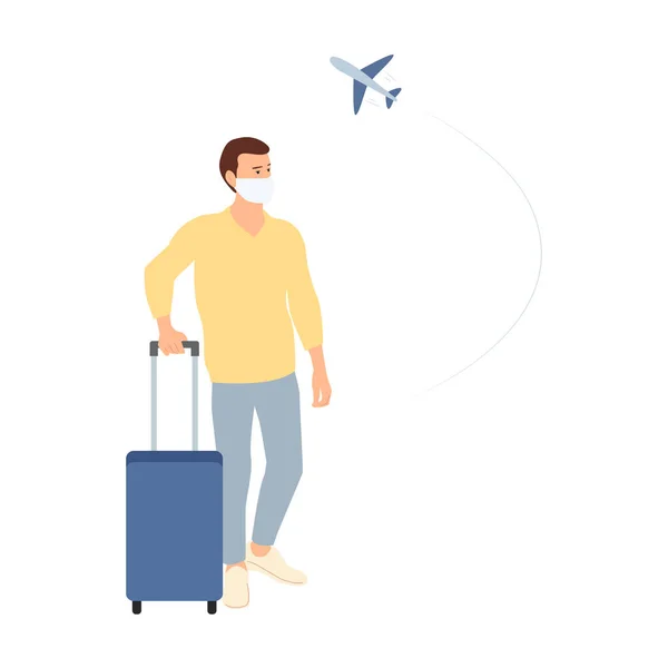 Man Medical Mask Suitcase Background Airplane Flight Flat Vector Illustration — Vetor de Stock