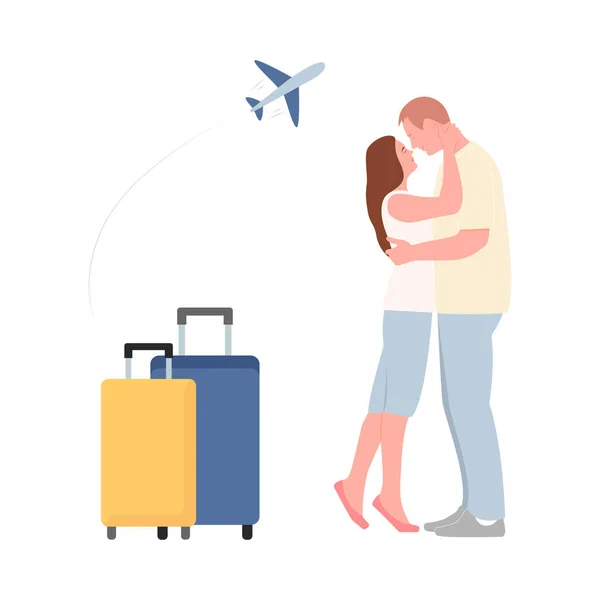 Man Woman Hugging Two Suitcases Airplane Flight Honey Moon Travel — Vetor de Stock