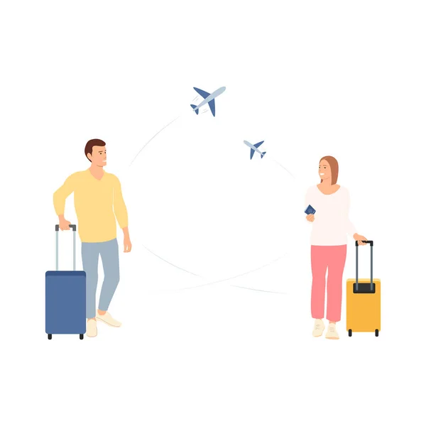 Man Woman Suitcases Background Airplanes Flight Flat Vector Illustration — 图库矢量图片