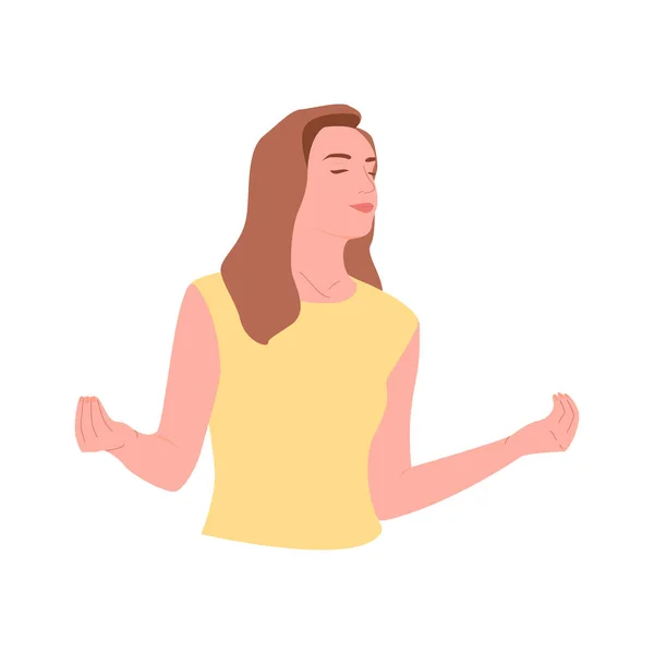 Ellerini meditasyon pozisyonunda tutan rahat bir kadın. Düz vektör illüstrasyonu. 