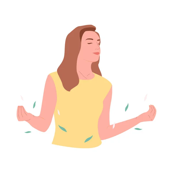 Relaxed Woman Holding Her Hands Meditative Position Surrounded Flying Leaves — стоковый вектор