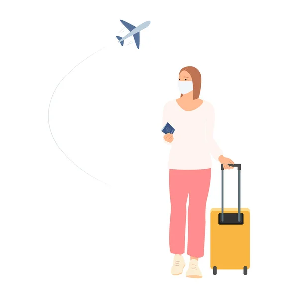 Woman Medical Mask Suitcase Background Airplane Flight Flat Vector Illustration — Vettoriale Stock