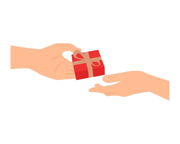 Hand Übergibt Geschenkbox Eine Andere Hand Weißer Hintergrund Flache Vektorabbildung — Stockvektor
