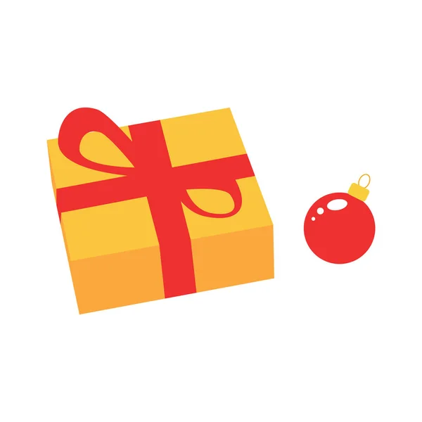 Sarı kutu kırmızı kurdeleyle bağlanmış. Noel ağacı kırmızı topu. Beyaz arka plan. Düz vektör illüstrasyonu.