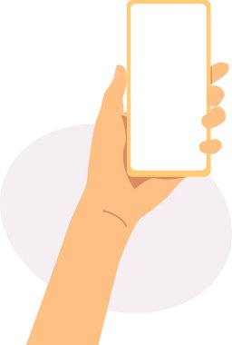 El ele tutuşan akıllı telefon. Açık mor elips şekilli arka plan. Düz vektör illüstrasyonu.