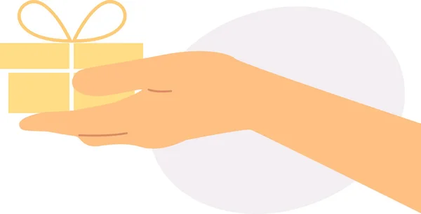 El ele tutuşmuş sarı bir kutu ve bir fiyonk. Açık mor elips şekilli arka plan. Düz vektör illüstrasyonu.