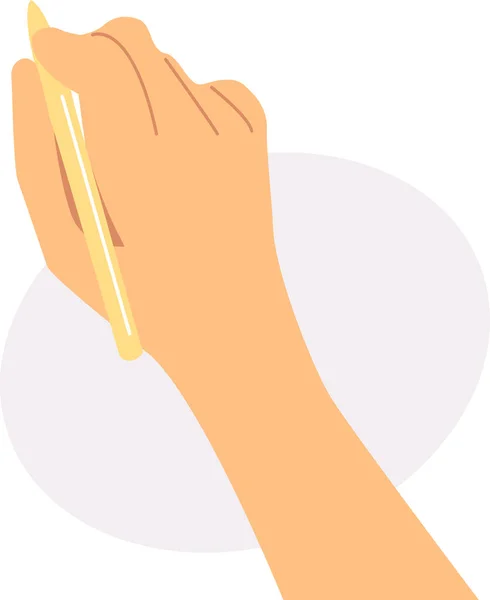 Рука Тримає Ручку Світло Фіолетовий Фон Еліпса Плоска Векторна Ілюстрація — стоковий вектор