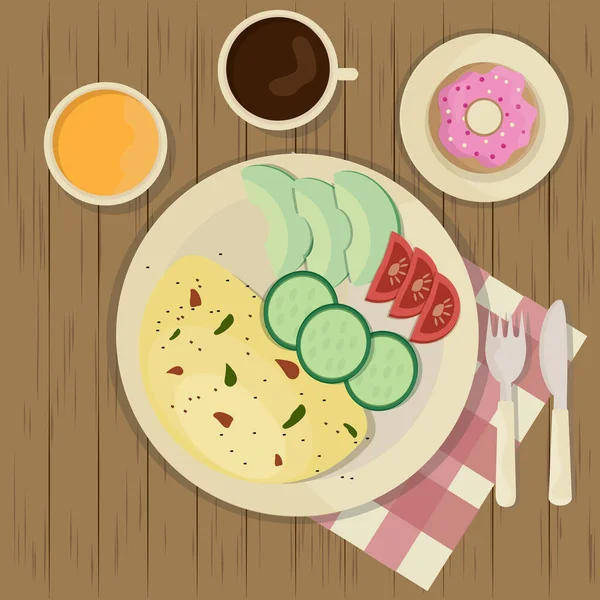 Desayuno Con Tortilla Verduras Frescas Servidas Con Jugo Naranja Café — Vector de stock