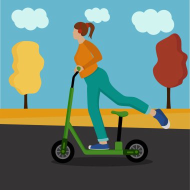 Sonbahar parkında elektrikli scooter süren bir kız..