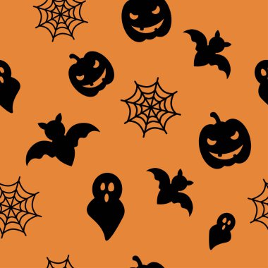 Balkabağı, hayalet, örümcek ağı ve yarasayla kusursuz cadılar bayramı deseni.