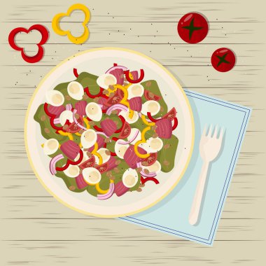 Yumurtalı, ton balıklı, fındıklı ve sebzeli taze salata. Yukarıdan görüntüle