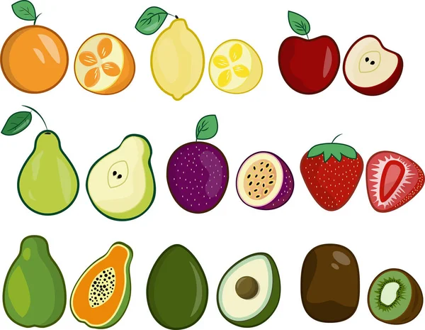 オレンジ レモン アップル アボカド ストロベリー パパイヤ パッションフルーツ キウイと梨の異なる果物のセット — ストックベクタ