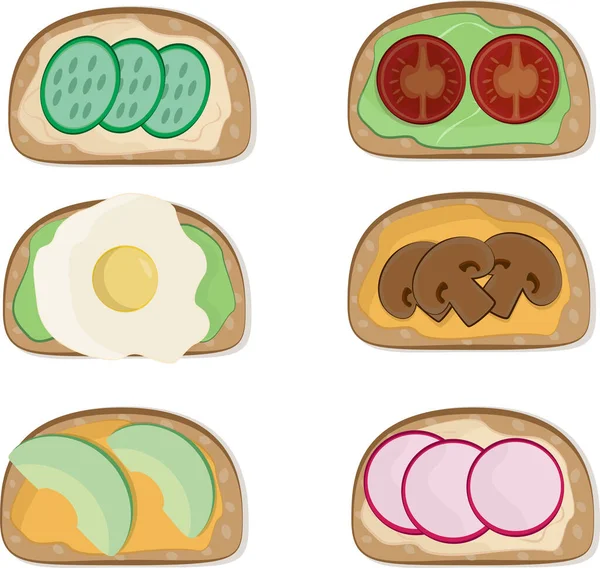Λίγο Χορτοφαγικό Ψωμί Και Βούτυρο Αγγούρι Ντομάτα Αυγό Μανιτάρια Και — Διανυσματικό Αρχείο