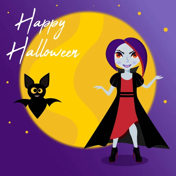 Tarjeta Halloween Con Chica Vampiro Murciélago — Vector de stock