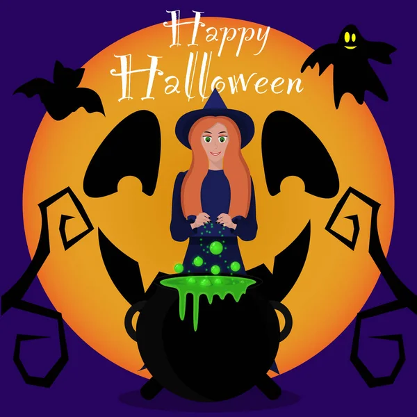 Tarjeta Halloween Con Bruja Preparando Poción Mágica — Vector de stock