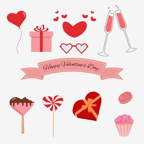 Valentine Day Set Balloon Hearts Glasses Wineglasses Sweets — Stock Vector