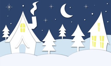 Gece yeni ay, evler ve ağaçlarla kışın manzarası.