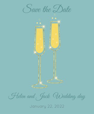 Düğün davetiyesi ve iki kadeh şampanya..