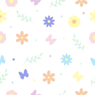 Seamless pattern with butterfly, flowers and leaves.