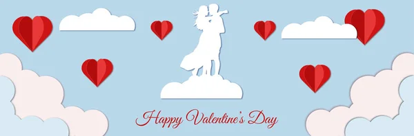 Valentine Day Banner Paper Cut Out Style Hearts Clouds Couple — Stock Vector