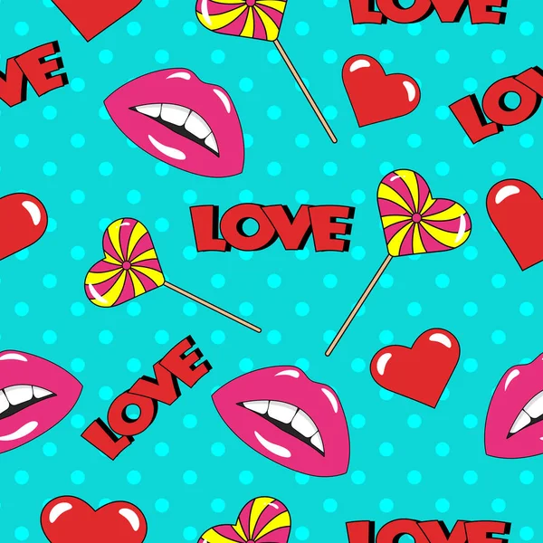 Naadloos Patroon Met Lippen Lolly Pop Art Stijl — Stockvector