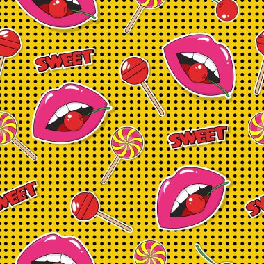 Dudakları, kirazı ve pop sanatında lolipopları olan kusursuz desen.. 