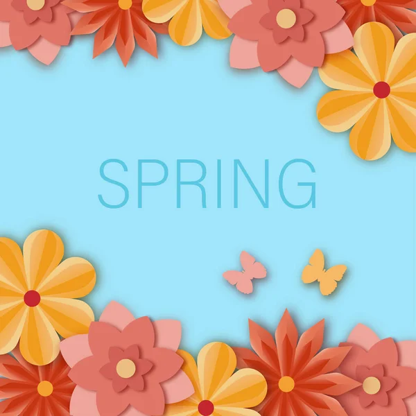 春天的背景 花朵和蝴蝶在纸上剪裁的风格 — 图库矢量图片