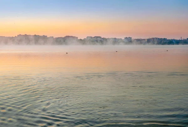 Sun Rising Misty Lake Lake Morning Sunrise Fog Water — Stock Fotó