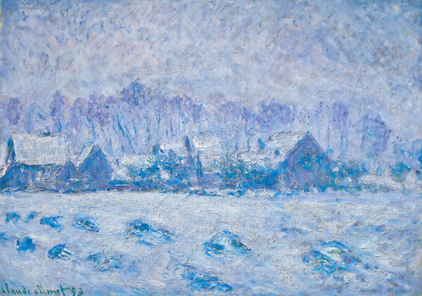 Claude Monet, Impression, Sunrise, is an oil painting on canvas titled "Effet de neige  Giverny" dated 1893 by French painter Claude Monet (1840 - 1926)