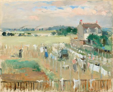 Hanging the Laundry out to Dry 1875 or Suspendre le linge pour scher by French painter, draughtswoman, engraver and lithographer, artist Berthe Morisot 18411895. oil on canvas. National Gallery of Art.