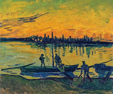 Van Gogh, The Stevedores in Arles (Coal Barges), is an oil painting on canvas 1888 - by Dutch painter, drawer and printmaker, Vincent Willem van Gogh (1853-1890). The Cleveland Museum of Art. clipart