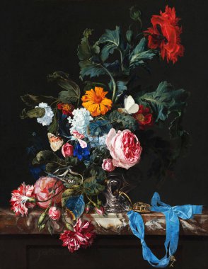 Flower Still Life with a Timepiece is an oil painting on canvas which 1663 - by Artist Willem van Aelst (1627 after 1682).