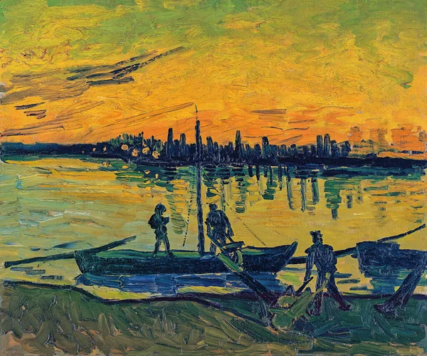 Van Gogh Stevedores Arles Coal Barges Oil Painting Canvas 1888 — стоковое фото