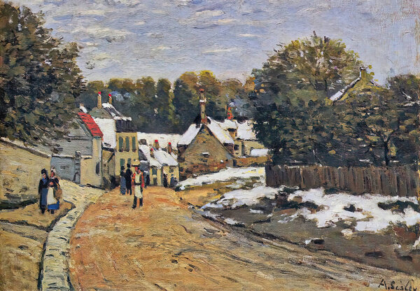 Alfred Sisley,  Early Snow at Louveciennes is an oil painting on canvas 1870 - by Artist Alfred Sisley (1839-1899).