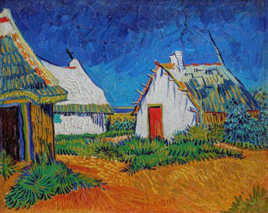 Van GoghThree white cottages in Saintes-Maries, 'French: Cabanes blanches aux Saintes-Maries' is an oil painting on canvas 1888 - by Dutch painter, drawer and printmaker, Vincent Willem van Gogh.