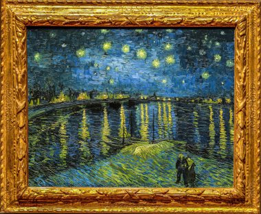 Vincent Van Gogh 'un 1888 tarihli Rhne' nin Yıldızlı Gecesi, karanlıkta algıladığı renkleri fevkalade bir şekilde kopyaladığı Rhne manzarası. Şehrin gaz lambaları yoğun bir portakal gibi parlıyor ve suya yansıyor. Muse d'Orsay - Paris.