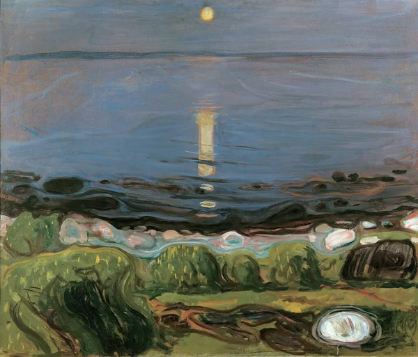 海滩边夏夜 Summer Night Beach 是一幅1902年至1903年间由挪威画家Edvard Munch 1863年至1944年 创作的油画 — 图库照片