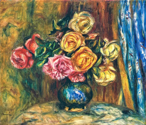 Roses Front Blue Curtain Est Une Peinture Huile Sur Toile — Photo