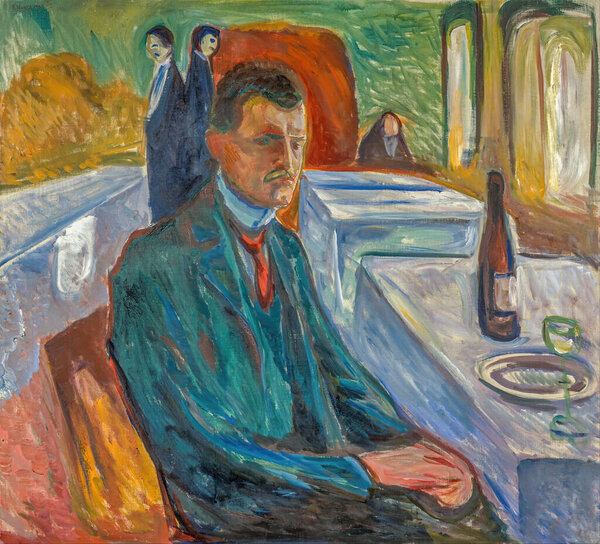 Edvard Munch, Self-Portrait with a Bottle of Wine is an oil painting on canvas 1906 - by Norwegian painter Edvard Munch  (1863-1944).