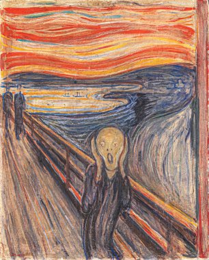 The Scream, (oil, tempera & pastel on cardboard), 1893 AD (C19th AD) - by Norwegian painter Edvard Munch (1863-1944). Nasjonalgalleriet, Oslo, Norway.