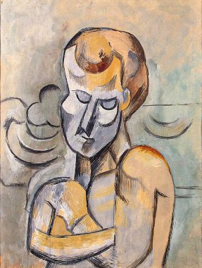 Man with Arms Crossed, is an watercolor, gouache and charcoal on paper pasted on cardboard, Gouache, watercolour and tempera 1909 - by Spanish Artist, Pablo Ruiz Picasso (1881-1973).