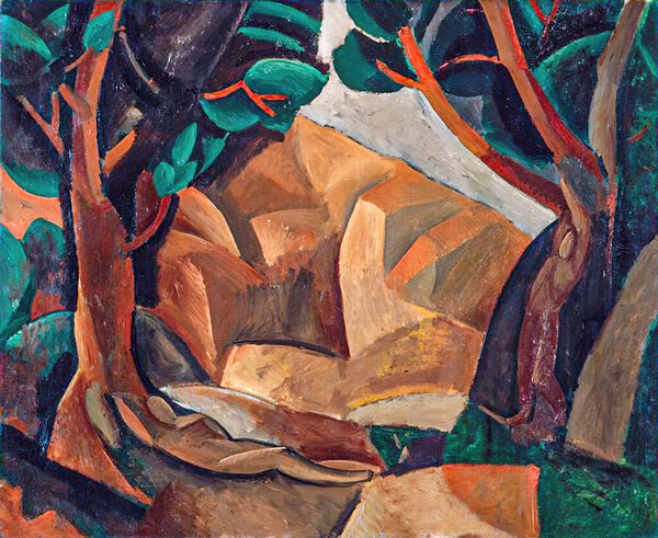 Paysage aux deux figures (Landscape with Two Figures), oil painting on canvas 1908 - by Spanish painter Pablo Ruiz Picasso (1881-1973).