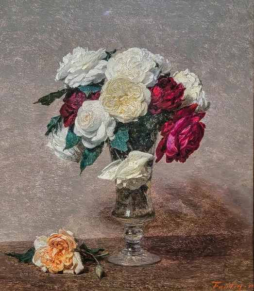 Roses Stemmed Glass Oil Painting Canvas French Painter Henri Fantin — Fotografia de Stock