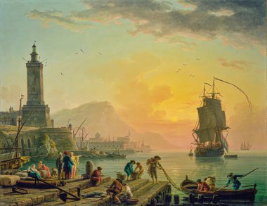 A Calm at a Mediterranean Port, oil painting on canvas 1770 - by French painter, Artist Claude Joseph Vernet (1714-1789).