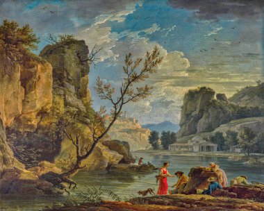 Balıkçılarla dolu bir nehir, 1751 panelinde yağlı boya tablo - Fransız ressam Claude Joseph Vernet tarafından (1714-1789)).