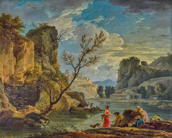 Rzeka Rybakami Obraz Olejny Desce 1751 Francuski Malarz Claude Joseph — Zdjęcie stockowe