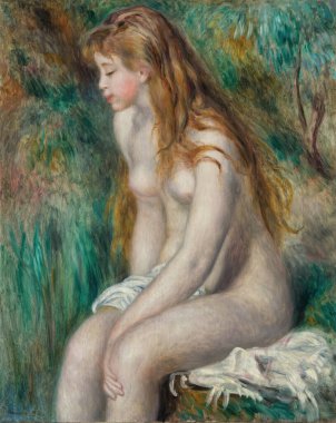 Young Girl Bathing is an oil painting on fabric 1892 - by French painter, sculptor, Pierre-Auguste Renoir (1841-1919).