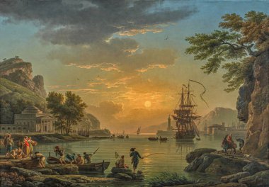 Joseph Vernet 'in Sunset Manzarası, yağlı boya tablosu 1773 - Fransız ressam Claude Joseph Vernet (1714-1789)).