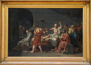 The Death of Socrates (La Mort de Socrate), oil on canvas painted by French painter Jacques-Louis David in 1787. Suicide of Socrate, ancient greek philosopher (5th siecle av. JC) had to drink cigue after being accused of impiety and youth corruption.
